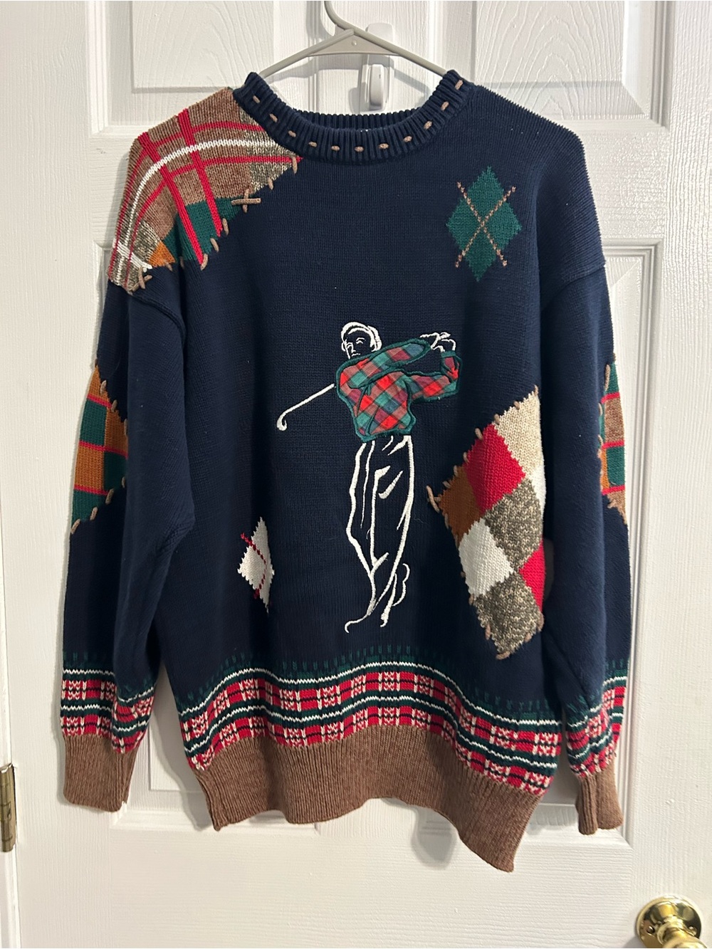 Vintage Cotton Traders Navy Golf Motif Patchwork Men's Sweater